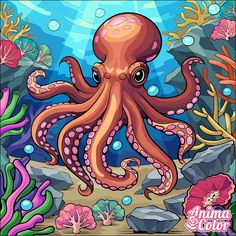 an octopus is swimming in the ocean surrounded by corals and other marine life, with bubbles