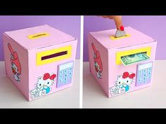 two pictures of a hello kitty box with money in the front and on the back