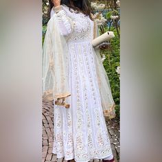 White Anarkhali With Stone Works Full Sleeves Size 38 I Am 5"4 So You Can See The Length Accordingly My Height Full Sleeves, Full Sleeve, Color White, Stone, Women Shopping, White, Color