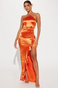 Orange Evening Dresses, Neck Flower, Stunning Prom Dresses, Satin Maxi, Satin Maxi Dress, Orange Fashion, Flower Applique, Lingerie Romper, Matching Dresses