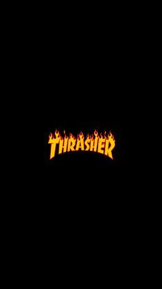 the logo for thrash is shown in flames on a black background with red and yellow lettering