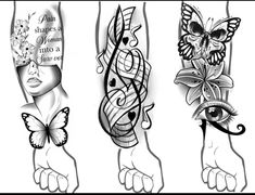 four different tattoo designs, one with a butterfly and the other with a bird on it