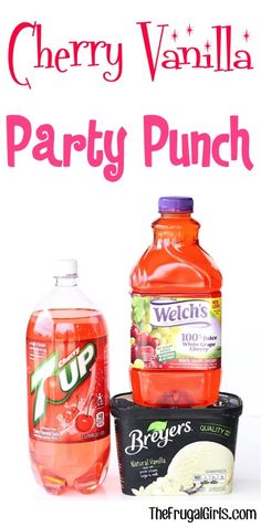 there are many drinks and ice creams on the table with text overlay that says cherry vanilla party punch