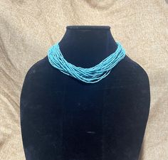 Turquoise Seed Bead multi strand choker Necklace , 18 strand seed bead choker ,Turquoise color , bib Collar Necklace , Gift for Her 17 " + 2 3/4" extension / 1 " wide , lobster claw clasp A Nice Necklace to wear Anytime ! Ask questions as I do not accept returns  Thank You !