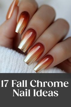 Chrome Nail Ideas Fall, October Chrome Nails, Fall Nail Tip Ideas, Orange And Green Fall Nails, Chrome Matte Nails, Chrome Fall Nails 2024, Orange Chrome Nails Designs, Fall Ombré Nails, Autumn Chrome Nails