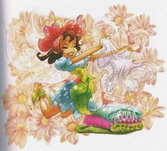 a drawing of a girl holding a baseball bat on top of a flowered field