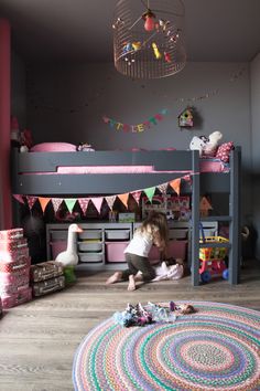 two pictures of children's room with toys and rugs on the floor in front of bunk beds