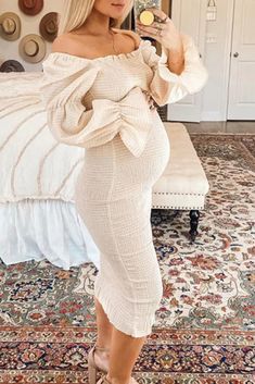 Vestidos Para Baby Shower, Pregnant Outfit, Off Shoulder Puff Sleeve, Maternity Dresses For Baby Shower, Shoulder Puff Sleeve, Shower Outfits, Maternity Midi Dress