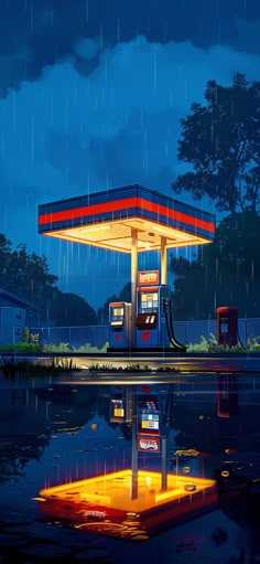 a gas station at night with rain falling on the ground