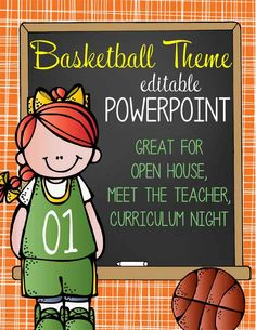 a girl in front of a blackboard with the words basketball theme and an orange background