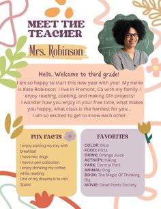 a poster with the words meet the teacher, mrs robinson and an image of a woman's face