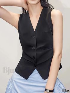 Bjux - Chic Single Breasted V-neck Vest - Sleek Sleeveless Spring & Summer Apparel for Women Elegant V-neck Solid Color Vest, Elegant V-neck Vest In Solid Color, Elegant Stretch V-neck Vest, Solid V-neck Vest For Spring, Fitted V-neck Vest, Stretch V-neck Vest For Workwear, Summer Apparel, Polyester Material, Single Breasted