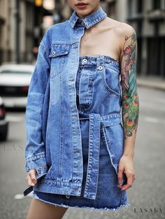 Lasaky - Fashionably Irregular Denim Dress with Unique Design, Halter Neck, Long Sleeves, and Solid Color Casual Asymmetrical Denim Dress, Denim Jumpsuit, Types Of Skirts, Pure Color, Olivia Mark, Types Of Collars, Halter Neck, Neck Designs, Skirt Length