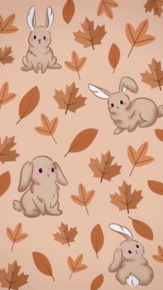 two rabbits sitting in front of leaves on a pink background with orange and brown colors