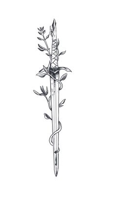 a black and white drawing of a knife with a flower on it's end