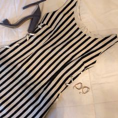 Dream Team Garments One Of A Kind A Line Striped Dress With Corset Sides. Fits Small. Very Flattering To The Waistline And Comfy Material, Never Worn. Dress With Corset, Dresses Modest, Modest Dresses, Dream Team, Striped Dress, Colorful Dresses, A Line, Midi Dress, Black White