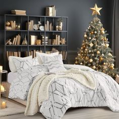 a bedroom decorated for christmas with a tree in the corner