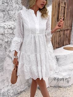 Take a risk and turn heads in the Somebody To Love Eyelet Lace Mini Dress! Flowy tiers create movement and a sense of adventure while the eyelet lace adds a touch of boldness. Perfect for those who dare to stand out and be somebody to love. Size Guide: Model is 5’8” tall, and has a 33.4” bust, 26.4” waist, & 35.4” hips. She is wearing a S / US 4 / AU 8. This dress is true to size. Material: 100% Polyester. Feature: Stand collar. Long Sleeves. Scallop cuff. Eyelet Lace Fabrication. Front button closures. Flowy Dress. Mini length. Care Instructions: Machine wash / Cold hand wash Princess Sleeves, White Long Sleeve Dress, Women Long Sleeve Dress, Weave Style, Eyelet Dress, Fairy Dress, Loose Style, Everyday Dresses, Lace Mini Dress