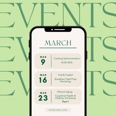 an iphone displaying the event schedule for march 19, with green lettering and numbers on it