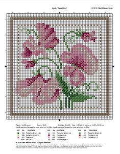 a cross stitch pattern with pink flowers on it