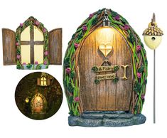 a fairy door with a light inside and an open window behind it that says i love you