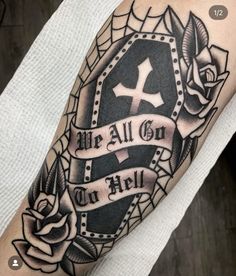 a black and white tattoo with an all god on it's arm is shown