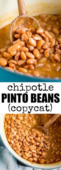 a pan filled with pinto beans and topped with a wooden spoon in the bottom left side