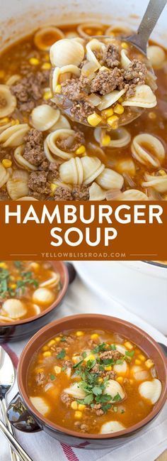 hamburger soup in a bowl with noodles and meat on the top, and an image of a spoon full of soup next to it