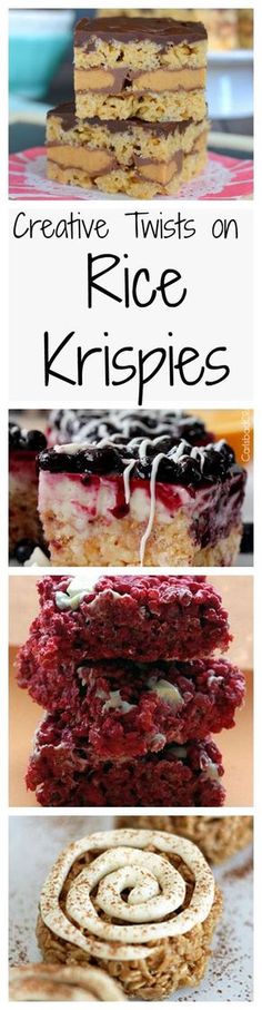 four different types of desserts with the words creative twists on rice krispies