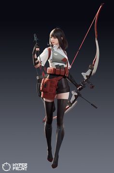 an animated character is holding a bow and arrow in her right hand while standing on a gray background