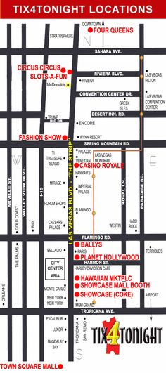 the location map for tix tonight locations, including two restaurants and three other places