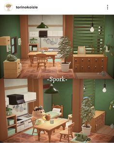 two pictures of the same kitchen and dining room in different rooms, one with green walls