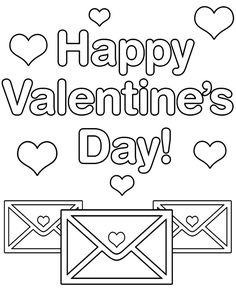 happy valentine's day coloring page with envelopes and hearts on the side, in black and white