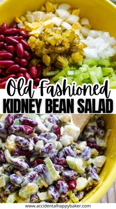 an old fashioned kidney bean salad in a yellow bowl with the title above it