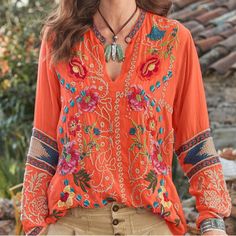 Exotically Elegant Blouse With Lush Geometric/Floral Embroidery On Front And Full Sleeves, Deep V-Neckline And Keyhole Button Front. Color Is Salmon (Light Orange). Machine Washable Rayon. Approx. 25” Long. Msrp $298, Asking $159 V-neck Top With Geometric Embroidery For Fall, Bohemian V-neck Blouse With Multicolor Embroidery, Embroidered Orange V-neck Tops, Orange Embroidered V-neck Top, Long Sleeve Orange Top With Floral Embroidery, Orange Floral Embroidered Long Sleeve Top, Orange Blouse With Floral Embroidery, Multicolor Embroidered Blouse For Fall, Orange Long Sleeve Blouse With Floral Embroidery