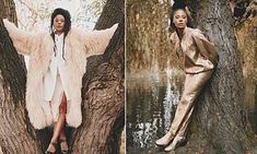 two women in fur coats are sitting on the branches of trees and posing for photos