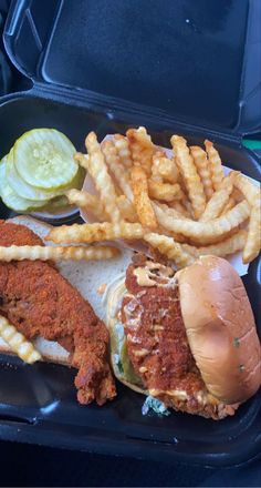 a sandwich and french fries in a plastic container with pickles on the side for garnish