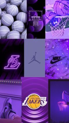 a collage of basketball images with the lakers logo in purple and black colors,