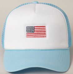 American Flag Embroidered 2-Tone Foam Trucker Hat - American Flag Embroidered Design - 2 Panel Trucker Hat - 100% Polyester - Relaxed Fit and Pre-Curved Visor - Snap Closure *One Size Fits All - Adjustable strap makes fit comfortable* Patriotic White Hat For Summer, Patriotic White Snapback Baseball Cap, Light Blue Snapback Hat For Summer, White Patriotic Adjustable Trucker Hat, White Patriotic Baseball Cap With Curved Brim, Patriotic White Baseball Cap With Curved Brim, Blue Cotton Trucker Snapback Hat, Blue 5-panel Trucker Hat For Baseball Season, Patriotic Blue Beach Hat