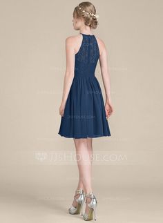 A-Linie U-Ausschnitt Knielang Chiffon Spitze Brautjungfernkleid (007104744) - JJ's House Fitted Sleeveless Lace Chiffon Dress, Sleeveless Stretch Dress With Lace Back, Sleeveless Lace Chiffon Dress, Sleeveless Formal Dress, Chiffon, Formal Dresses