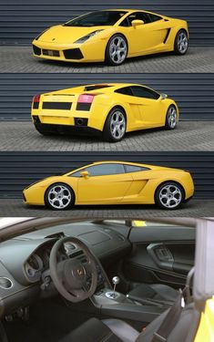 three different views of a yellow sports car