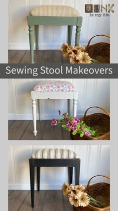 the steps to make an upholstered stool with flowers on top and below it