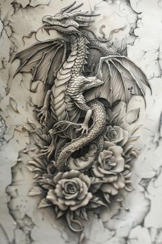 a drawing of a dragon with roses on it