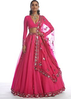 Peacock Pink Mirror Cutwork Lehenga Set Vvani by Vani Vats - Fabilicious Fashion Mirror Lehenga, Embellished Lehenga, Vani Vats, Lehenga Dupatta, Purple Mirror, Pink Mirror, Organza Dupatta, Embroidered Neckline, Silk Organza