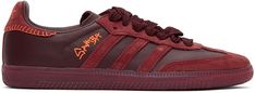 Low-top buffed leather sneakers in burgundy. Tonal suede trim throughout. Round toe. Tonal lace-up closure. Logo embossed at tongue. Padded collar. Style name embroidered in green at outer side. Tonal serrated leather signature stripes at sides. Logo embroidered in orange and blanket stitching in orange at heel tab. Tonal crepe rubber sole.Part of the adidas Originals x Jonah Hill collaboration. Supplier color: Maroon Brown Sneakers With Embroidered Logo For Streetwear, Brown Low-top Sneakers With Embroidered Logo, Burgundy Leather Sneakers For Streetwear, Brown Lace-up Sneakers With Embroidered Logo, Burgundy Leather Sneakers For Sports, Samba Sneakers, Jonah Hill, Original Clothes, Luxury Streetwear