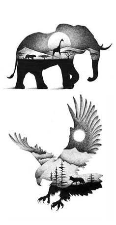 an elephant and bird are depicted in black and white ink on paper, each with different designs