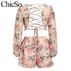 FREE SHIPPING Chiffon floral print sexy short jumpsuit female Women Lace up elegant summer romper V-neck ruffles backless playsuit JKP1900 Stylish Vacation Outfits, Backless Playsuit, Clothes Cottagecore, Jumpsuit Lace, Elegant Rompers, Capri Outfits, Bohemian Fabric, Eyelet Lace Dress, Chiffon Style