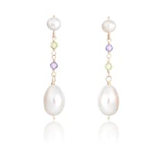 Elegant pearl drop earrings handcrafted in 14k gold-filled, peridot, purple zircon and lustrous Keshi pearls - suitable for all occasions. Discover elegance in every sway with our meticulously handcrafted long pearl drop earrings, formed from 14k gold filled wire. Anchored by a stud earring adorned with a baroque freshwater pearl, they cascade with a purple zircon and a peridot gemstone. The journey culminates in a captivatingly asymmetric large keshi pearl, drawing attention with its natural ir Baroque Pearl Dangle Earrings Set, Elegant 14k Gold Filled Briolette Earrings, Elegant Long Drop Birthstone Jewelry, Dainty Baroque Pearl Dangle Jewelry, Delicate Baroque Pearl Dangle Jewelry, Long Drop Baroque Pearl Jewelry As Gift, Elegant Birthstone Drop Earrings, Elegant Dangle Birthstone Jewelry, Elegant 14k Gold Filled Gemstone Jewelry