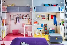 a child's bedroom with bunk beds, desks and toys on the wall