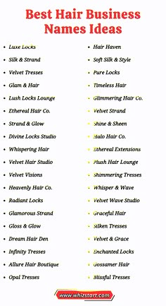 Looking for ideas for names for your hair business? I’ve been working as a naming specialist for four years, helping people find the right names for their businesses. My goal is to make sure you find unique and perfect hair business names ideas for your hair business.  Through my work, I’ve learned that a good business name can really make a difference. It should be easy to remember, easy to spell, and show what your brand is about. With the right name, you can create a strong brand and stand out in the competitive hair industry. Brand Names For Hair Business, Hair Extensions Business Name Ideas, Hair Oil Business Names Ideas, Business Names For Hairstylist, Hairpage Names Ideas, Hair Stylist Instagram Name Ideas, Names For Hair Business, Hair Business Names Ideas For Instagram, Hairstylist Names Ideas Instagram